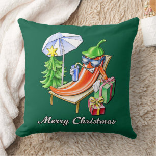 Green Square Merry Christmas Chilli Cartoon Art Throw Pillow