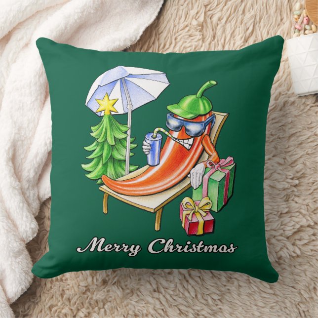 Green Square Merry Christmas Chilli Cartoon Art Throw Pillow (Blanket)