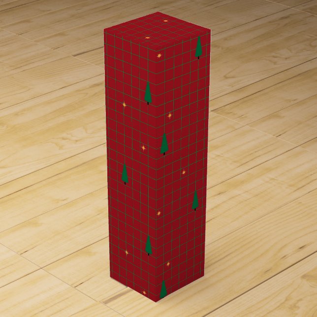 Green Squares with Christmas Trees on Red Wine Box (Front)