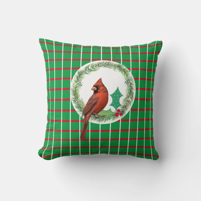 Green Squares With Red & White Lines Throw Pillow (Front)