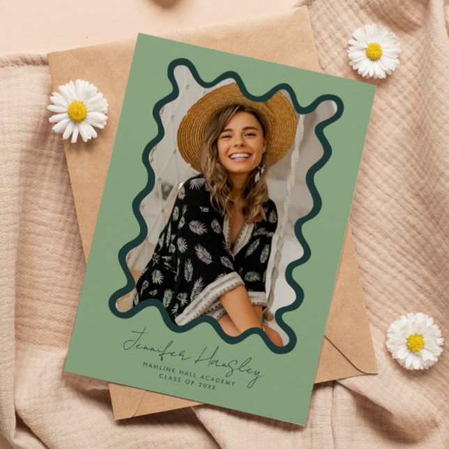 Green Squiggly Photo Frame Graduation Announcement (Creator Uploaded)