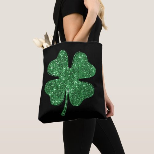 Green StPatricks Day Faux Sequins Sparkly Clover Tote Bag