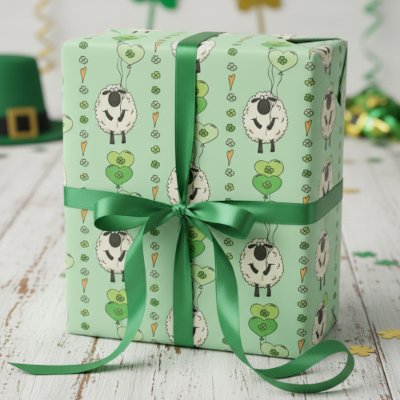 Green St. Patrick’s Day Sheep &amp; Shamrock Balloons Wrapping Paper