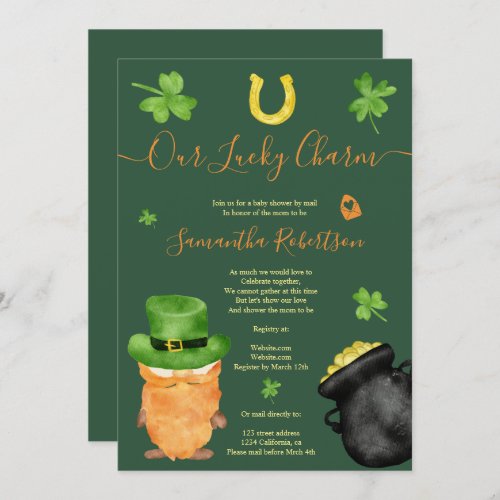 Green St Patrick watercolor baby shower by mail Invitation