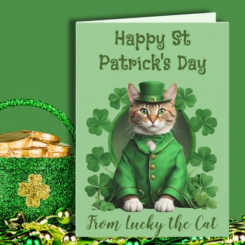 Green St Patricks Cat Lovers Irish Kitten Holiday Card