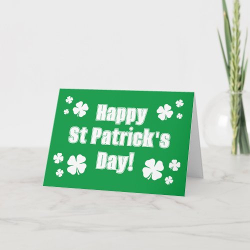 Green St Patricks Day card with lucky clovers