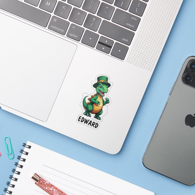 Green St Patrick's day dinosaur Sticker (Laptop w/ iPhone)