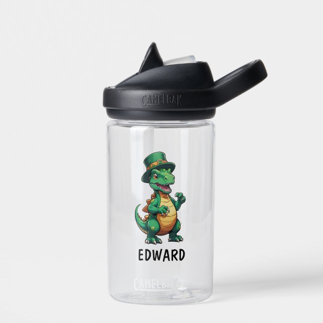 Green St Patrick's day dinosaur Water Bottle (Left)