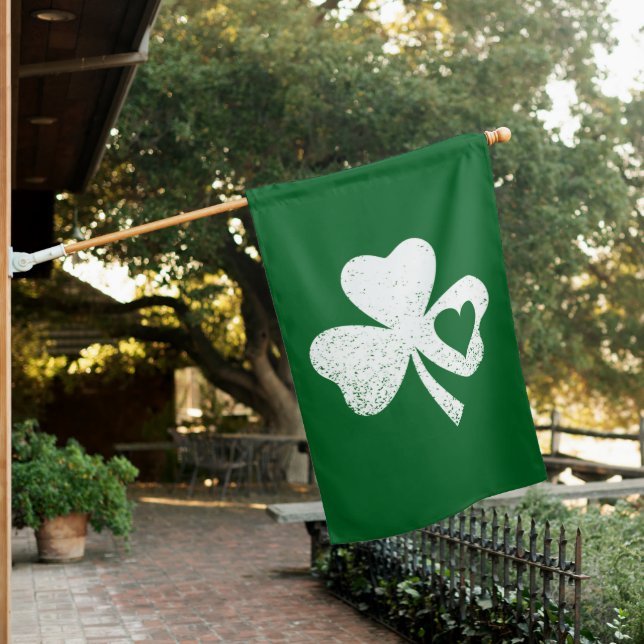 Green St Patricks Day Irish Patty's Heart Shamrock House Flag (In SItu)