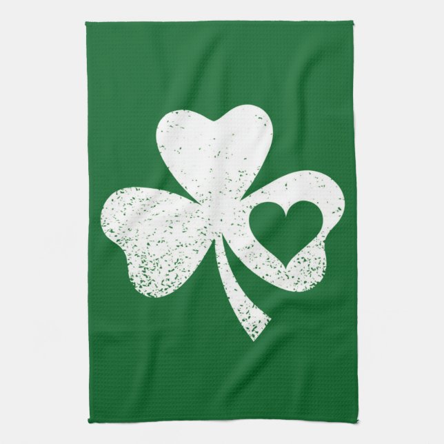 Green St Patricks Day Irish Patty's Heart Shamrock Kitchen Towel (Vertical)