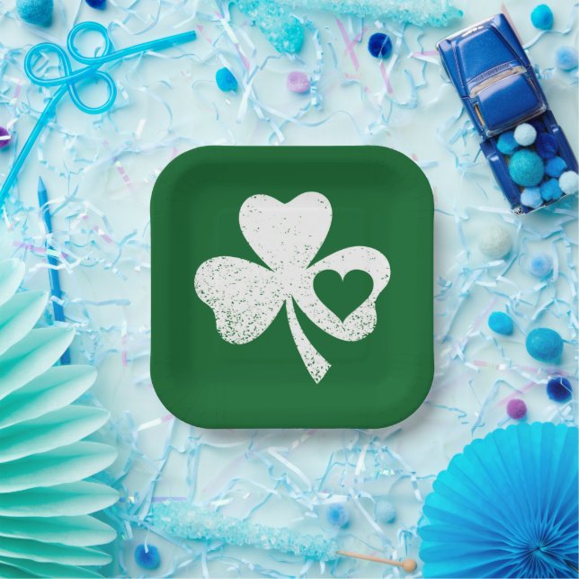 Green St Patricks Day Irish Patty's Heart Shamrock Paper Plates (Party)