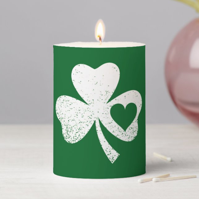 Green St Patricks Day Irish Patty's Heart Shamrock Pillar Candle (In Situ)