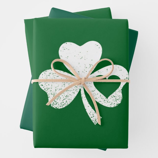 Green St Patricks Day Irish Patty's Heart Shamrock Wrapping Paper Sheets (In situ)