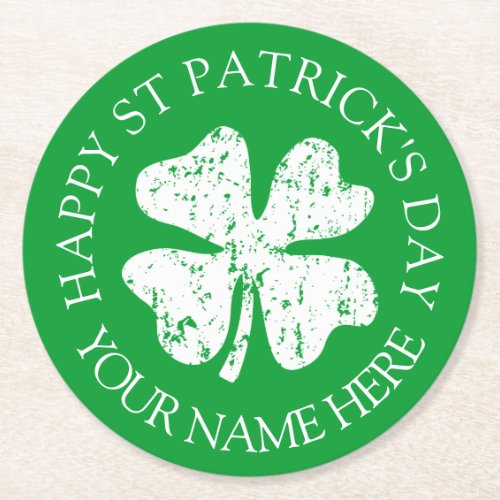 Green St Patricks Day party coasters with custom