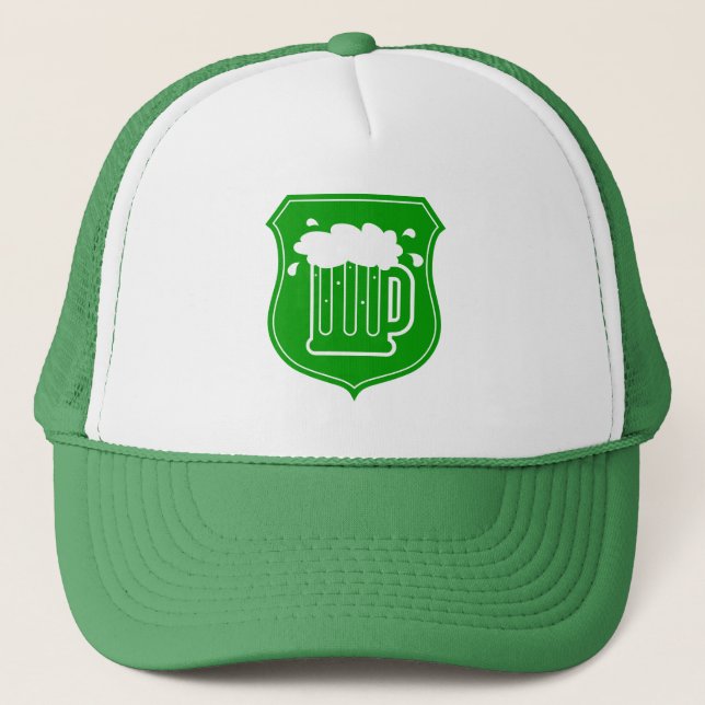 Green St Patrick's Day party hat with beer logo (Front)