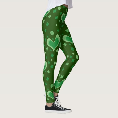 Green St Patricks Day party leggings with hearts
