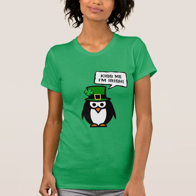 Green St Pattys Day penguin t shirt for women (Front)