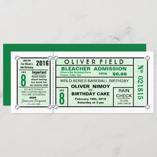 Green Stadium Ticket Baseball Birthday Invitation
