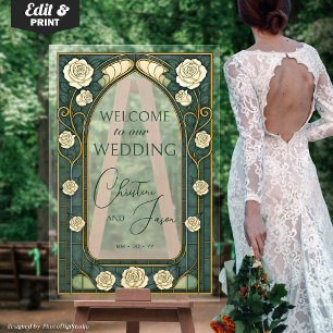 Green Stained Glass Art Nouveau Wedding Welcome  Acrylic Sign