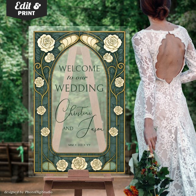 Green Stained Glass Art Nouveau Wedding Welcome  Acrylic Sign (Sage Stained Glass Floral Wedding Welcome Acrylic Art Nouveau Sign Frosted Look Sign)