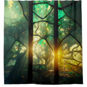Green Stained Glass Forest Silver Plated Necklace Shower Curtain