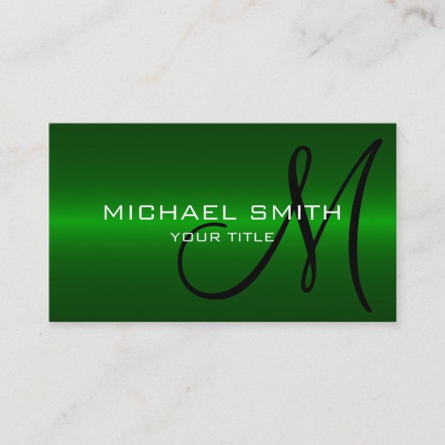 Green Stainless Steel Metal Monogram Business Card (Front)