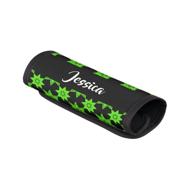 Green star flowers on black luggage handle wrap (Angled)
