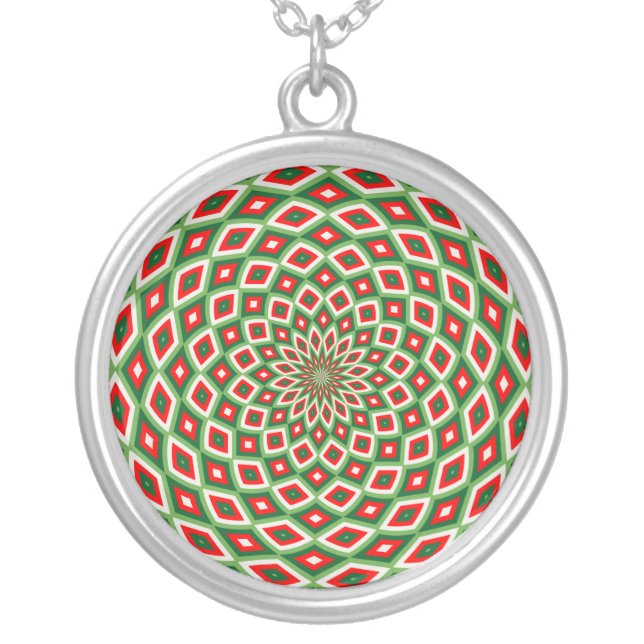 Green, Star White and Red Dome Effect Pattern Silver Plated Necklace (Front)