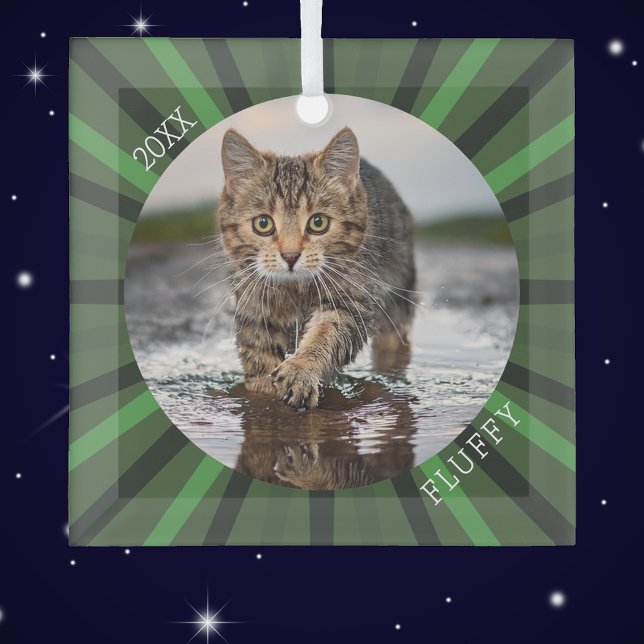 Green Starburst Custom Cat Holiday Christmas  Glass Ornament (Creator Uploaded)