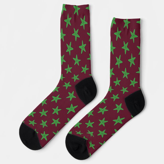 Green starfish on burgundy pattern socks