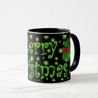Green Stars and Holly Christmas Mug