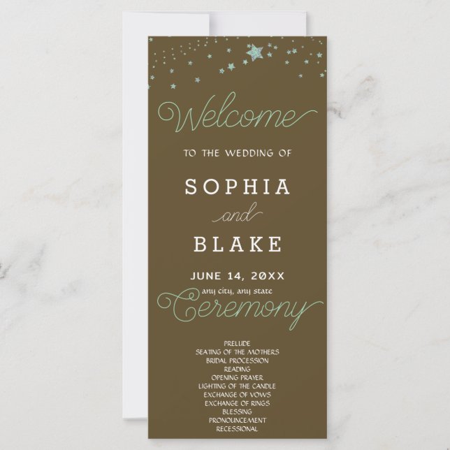 Green Stars Celestial Dark Brown Wedding Program (Front)