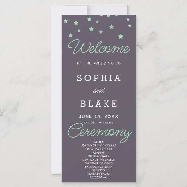 Green Stars Celestial Smoke Gray Wedding Program (Front)