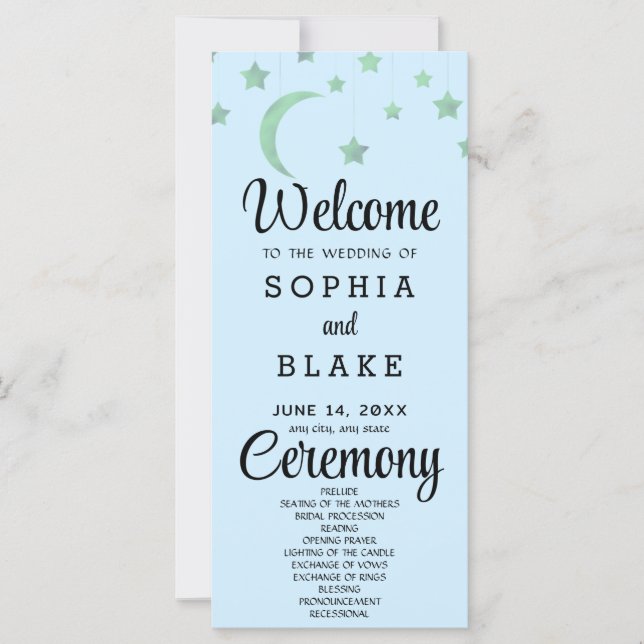 Green Stars Crescent Moon Blue Wedding Program (Front)