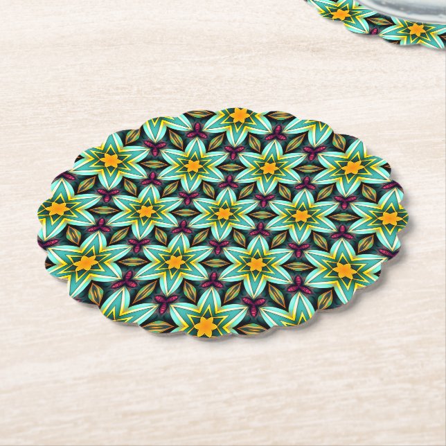 Green Stars Floral Pattern Paper Coaster (Angled)