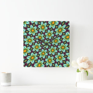 Green Stars Floral Pattern Square Wall Clock