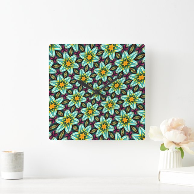 Green Stars Floral Pattern Square Wall Clock (Home)