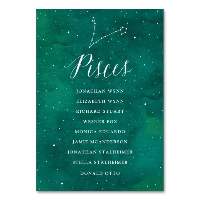 Green Stars Galaxy Wedding Seating Card Pisces (Front)
