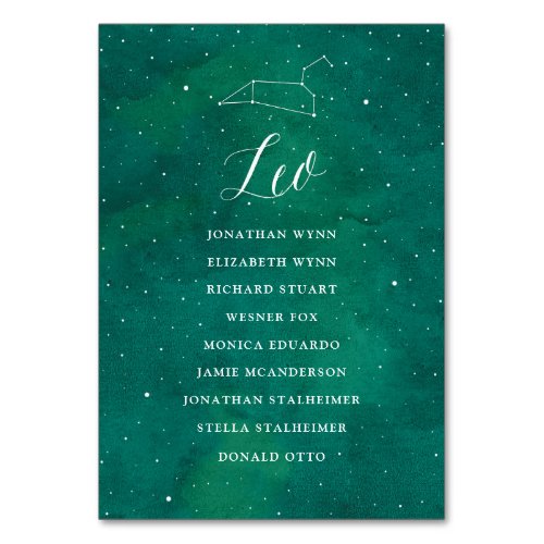 Green Stars Galaxy Wedding Seating Chart Card Leo