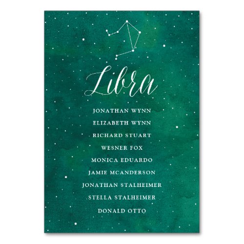 Green Stars Galaxy Wedding Seating Plan Card Libra