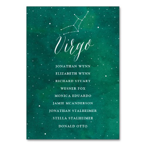 Green Stars Galaxy Wedding Seating Plan Card Virgo