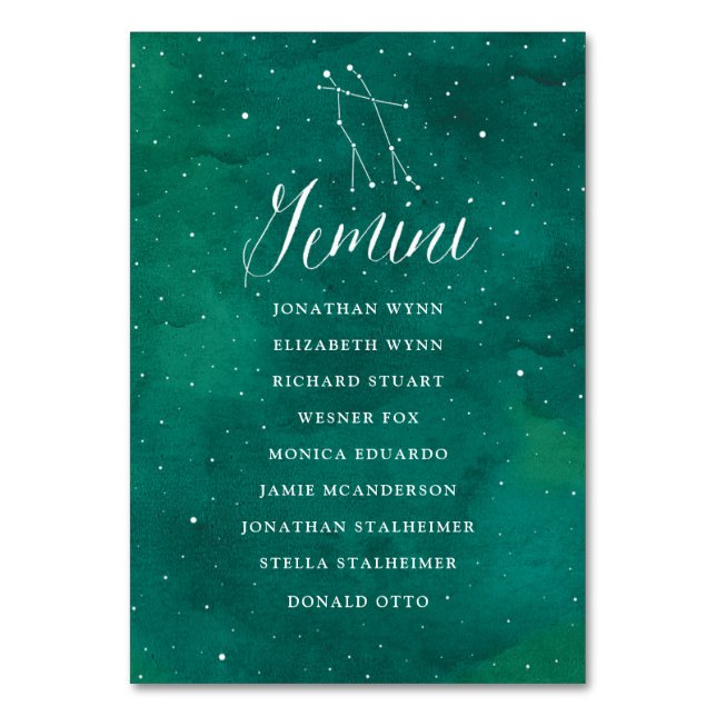 Green Stars Wedding Seating Chart Card Gemini (Front)
