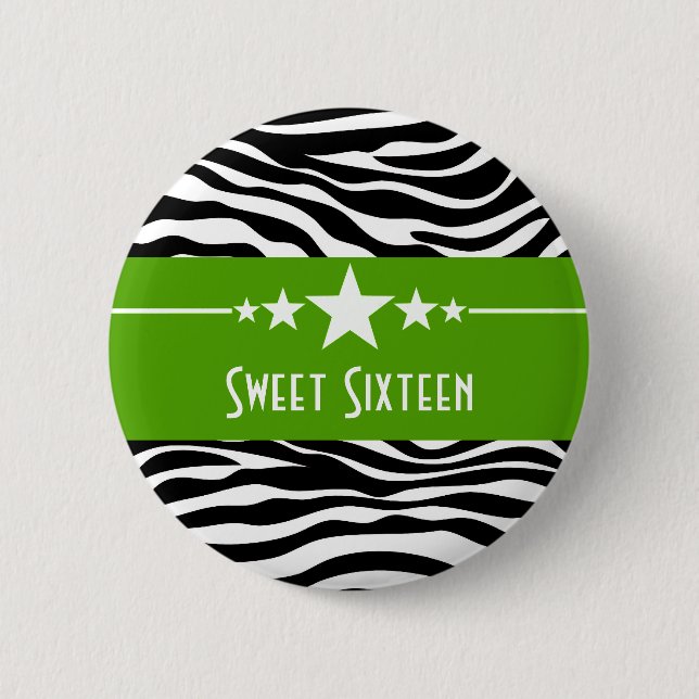 Green Stars Zebra Print Sweet 16 Button (Front)