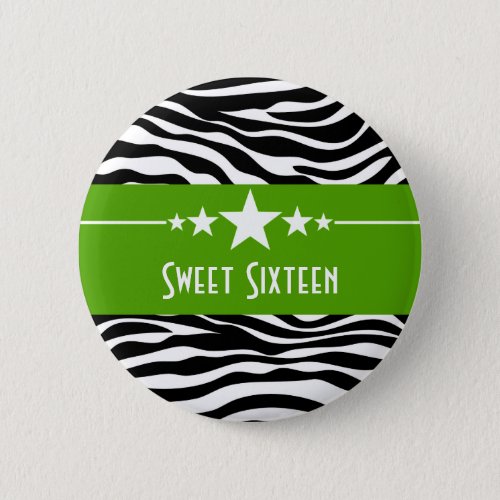 Green Stars Zebra Print Sweet 16 Button