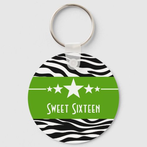 Green Stars Zebra Print Sweet 16 Keychain