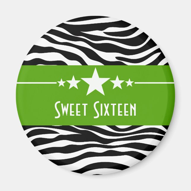 Green Stars Zebra Print Sweet 16 Magnet (Front)