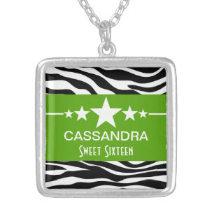 Green Stars Zebra Print Sweet 16 Necklace
