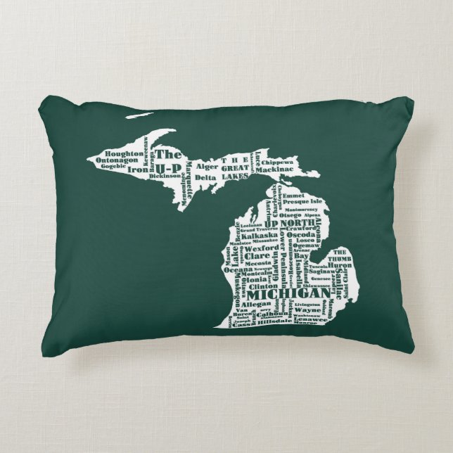 Green State of Michigan Cities Accent Pillow (Front)