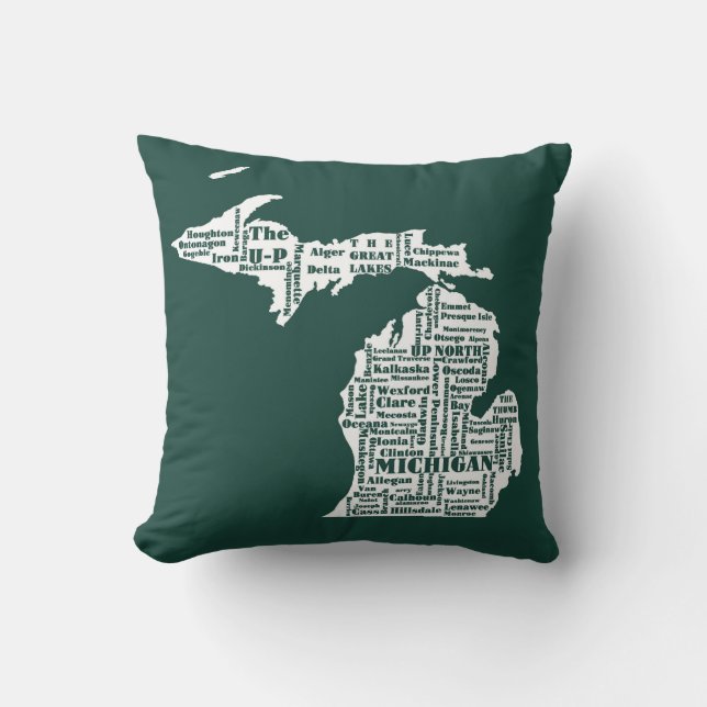 Green State of Michigan Cities Throw Pillow (Front)