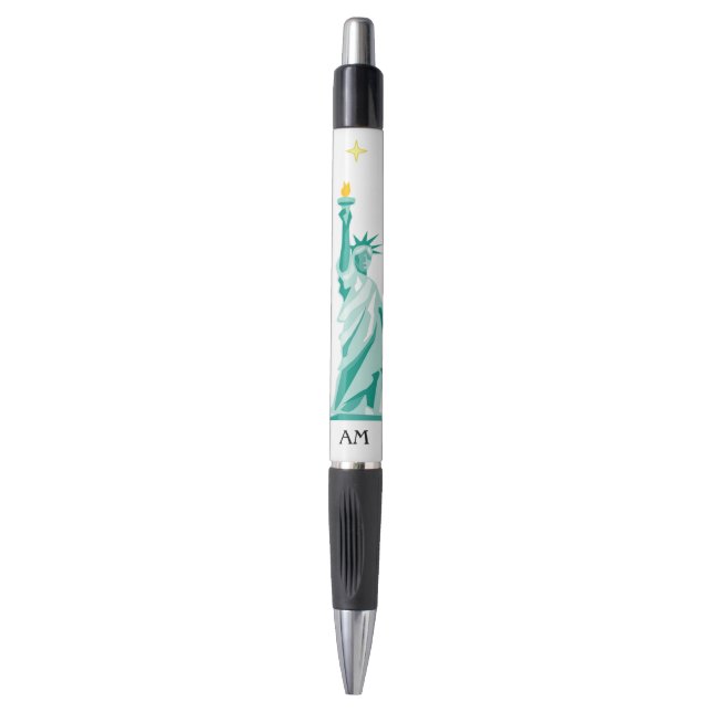 Green Statue of Liberty Image & Monogram Black Ink Pen (Front Vertical)